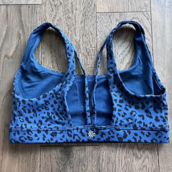 Athleta Strappy Sports Bra Size S Blue Cheetah Print Athletic Yoga Run Active - Picture 2 of 4